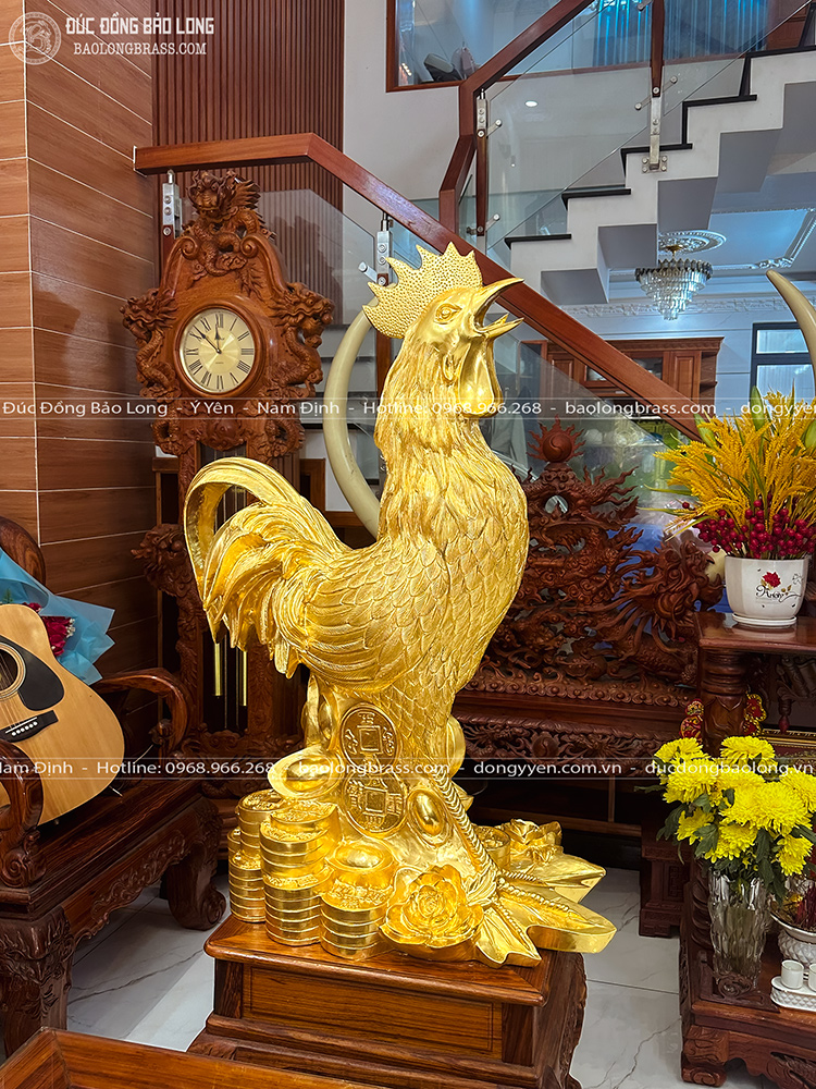 Gà Trống Phong Thủy Bằng Đồng Đỏ Dát Vàng 24K Cao 1m