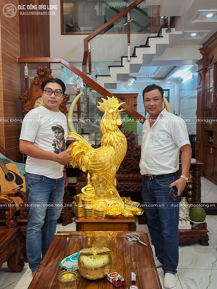 Gà Trống Phong Thủy Bằng Đồng Đỏ Dát Vàng 24K Cao 1m