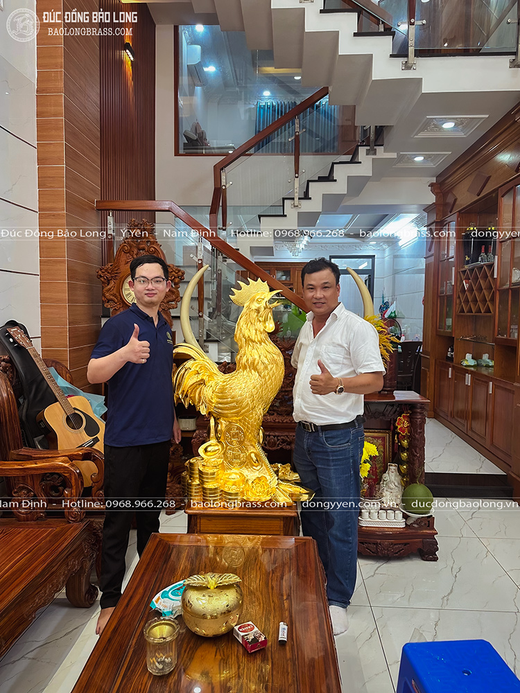 Gà Trống Phong Thủy Bằng Đồng Đỏ Dát Vàng 24K Cao 1m