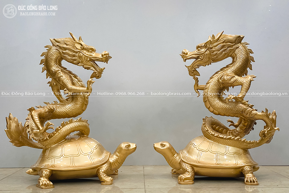 Tượng Long Quy (Rồng Đứng Trên Lưng Rùa) Bằng Đồng Đỏ Cao 61Cm
