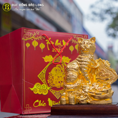 Tượng Mèo Tài Lộc Bằng Đồng Dát Vàng 9999 Cao 20cm