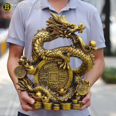 Tượng Rồng Cuốn Tiền Bằng Đồng Vàng Cao 40cm 