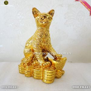 Mèo Đứng Trên Tiền bằng đồng mạ vàng 24k 16cm cực đẹp