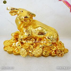Trâu Nằm Tiền Bằng Đồng Mạ Vàng 24k dài 17cm