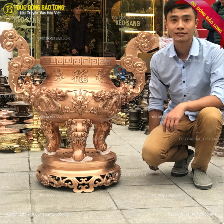 Lư Đồng Đúc Nổi Rồng Phượng Bằng Đồng Đỏ 88cm