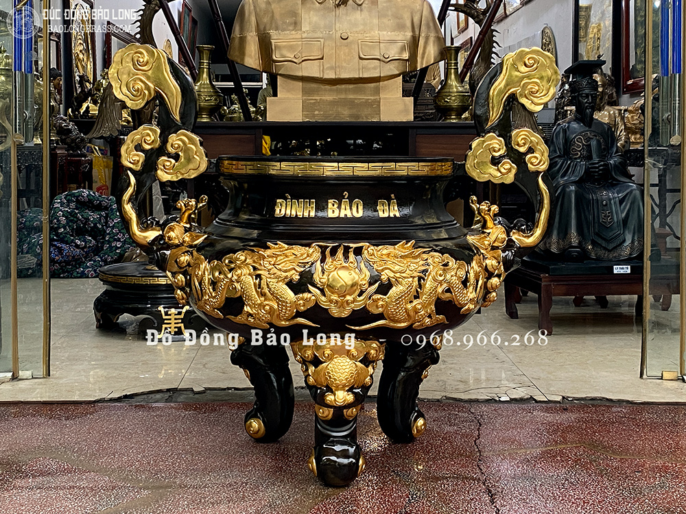 Lư hương đồng Song Long Chầu Nguyệt bằng đồng đỏ dát vàng 9999 cao 1m33
