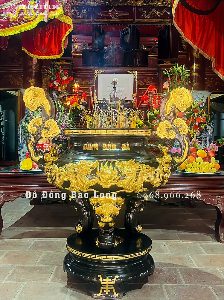 Lư hương đồng Song Long Chầu Nguyệt bằng đồng đỏ dát vàng 9999 cao 1m33