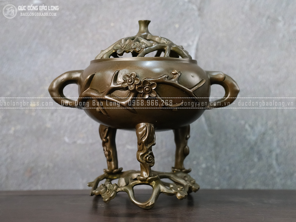 Lư Trầm Hoa Mai Đồng Vàng Màu Nâu Trầm Cổ Cao 20Cm
