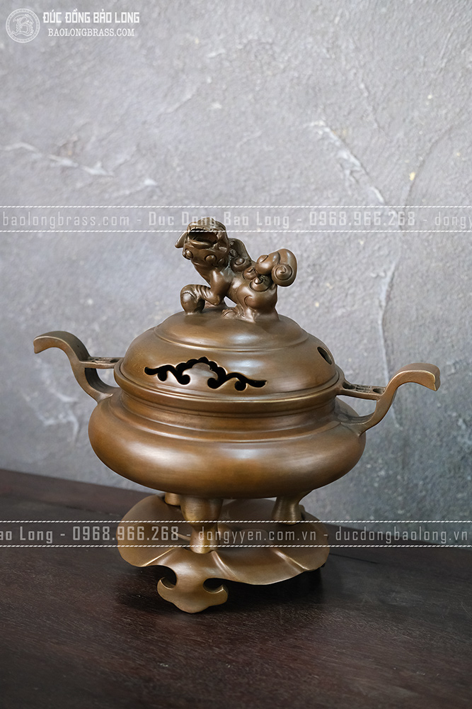 Lư Xông Trầm Tai Trơn Đồng Vàng Màu Nâu Trầm Cổ Cao 25Cm