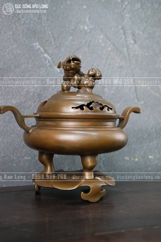 Lư Xông Trầm Tai Trơn Đồng Vàng Màu Nâu Trầm Cổ Cao 25Cm