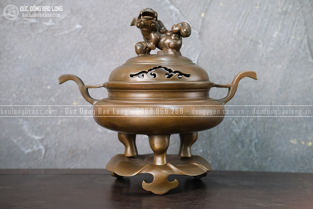 Lư Xông Trầm Tai Trơn Đồng Vàng Màu Nâu Trầm Cổ Cao 25Cm