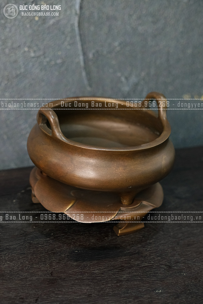 Lư Hương Cắm Nhang Đốt Trầm Quai Tròn Đồng Vàng Màu Nâu Trầm Cổ ĐK 11.5cm