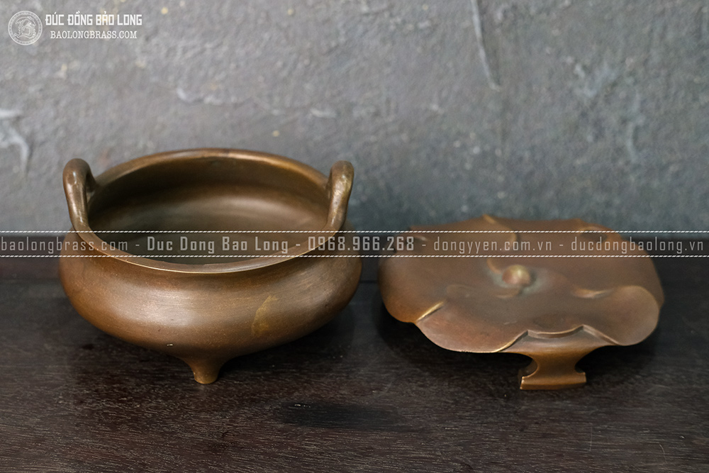 Lư hương đốt trầm cắm nhang đồng vàng màu nâu trầm cổ ĐK 14Cm