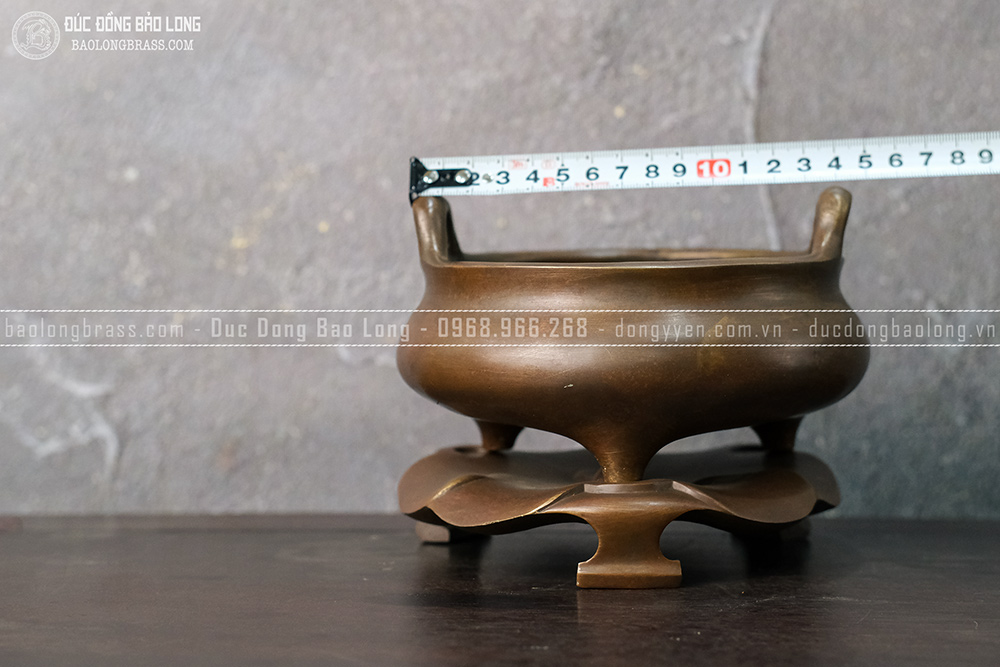 Lư hương đốt trầm cắm nhang đồng vàng màu nâu trầm cổ ĐK 14Cm