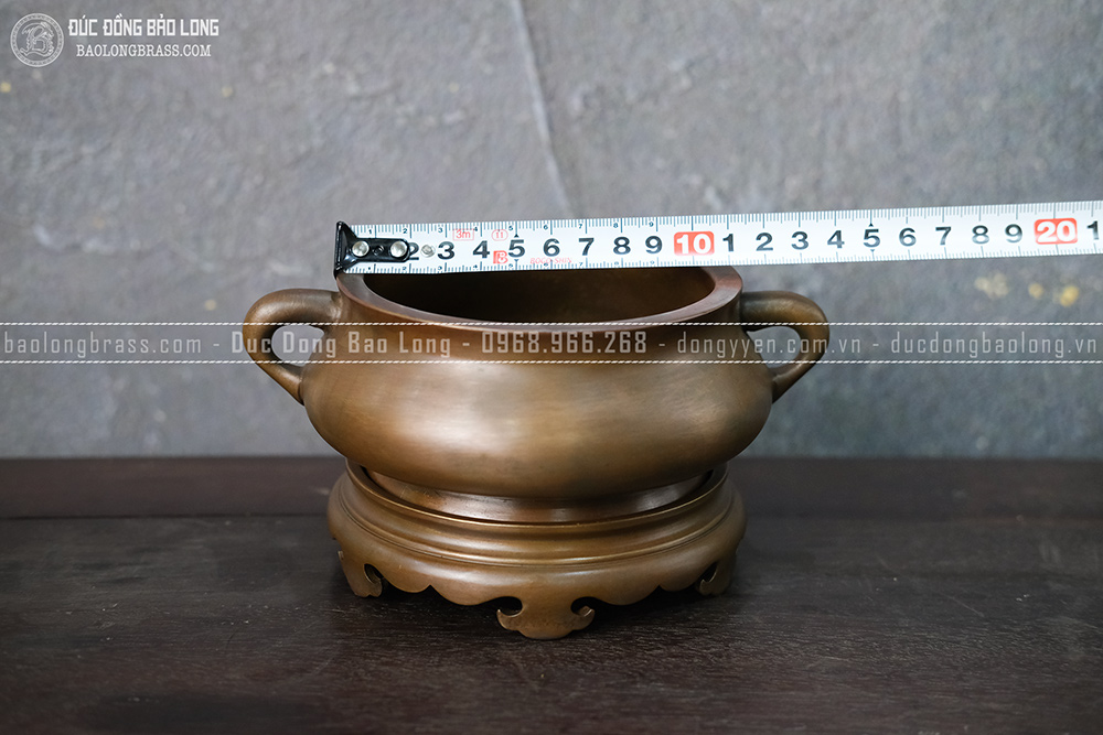 Lư Hương Cắm Nhang Đốt Trầm Quai Tròn Đồng Vàng Màu Nâu Trầm Cổ ĐK 11.5cm
