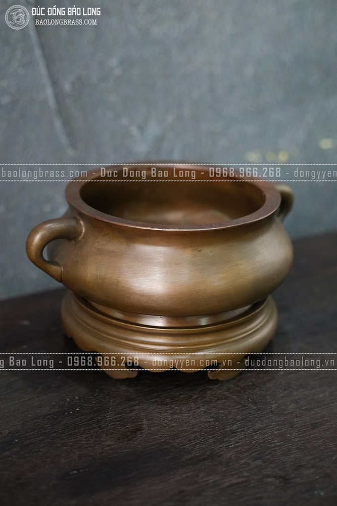 Lư Hương Cắm Nhang Đốt Trầm Quai Tròn Đồng Vàng Màu Nâu Trầm Cổ ĐK 11.5cm
