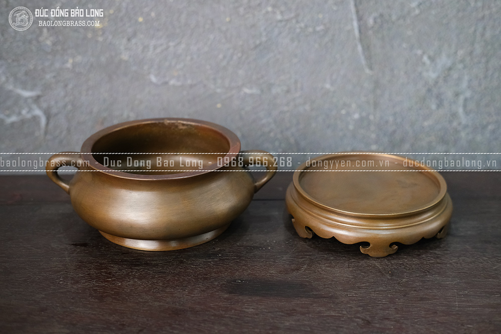 Lư Hương Cắm Nhang Đốt Trầm Quai Tròn Đồng Vàng Màu Nâu Trầm Cổ ĐK 11.5cm