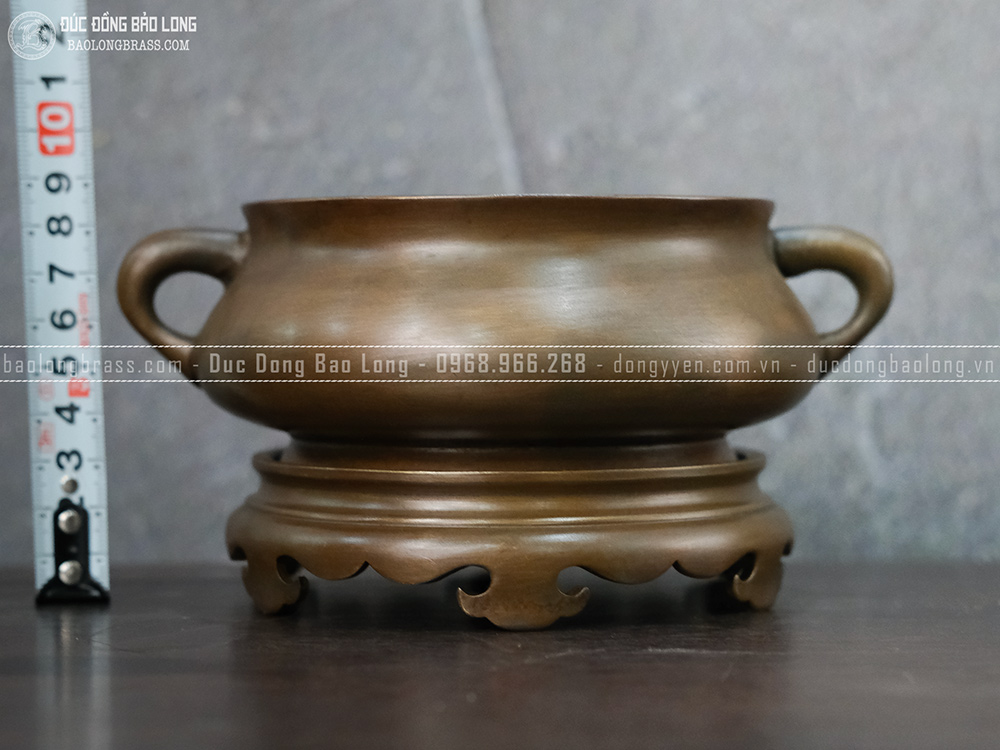 Lư Hương Cắm Nhang Đốt Trầm Quai Tròn Đồng Vàng Màu Nâu Trầm Cổ ĐK 11.5cm