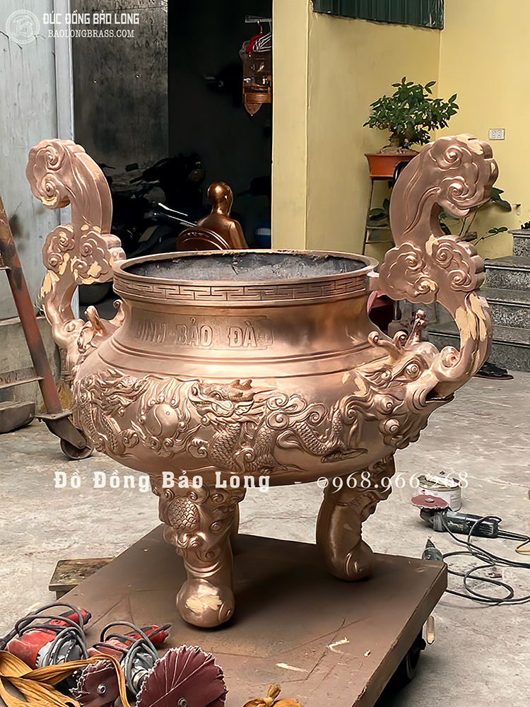 Lư hương đồng Song Long Chầu Nguyệt bằng đồng đỏ dát vàng 9999 cao 1m33