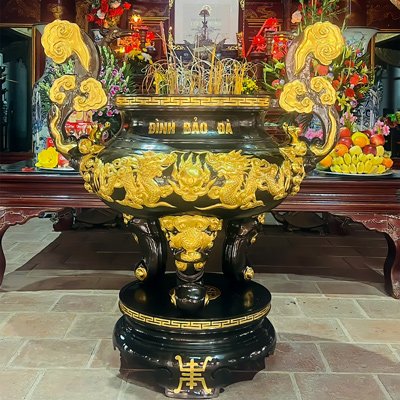 Lư Hương Đồng Song Long Chầu Nguyệt Bằng Đồng Đỏ Dát Vàng 9999 Cao 1m33