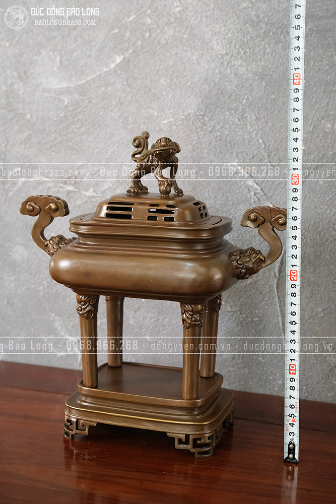 Lư Xông Trầm Chân Tượng Tai Mây Đồng Vàng Màu Nâu Trầm Cổ Cao 35Cm