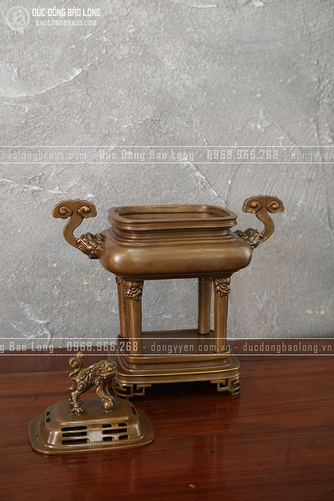 Lư Xông Trầm Chân Tượng Tai Mây Đồng Vàng Màu Nâu Trầm Cổ Cao 35Cm