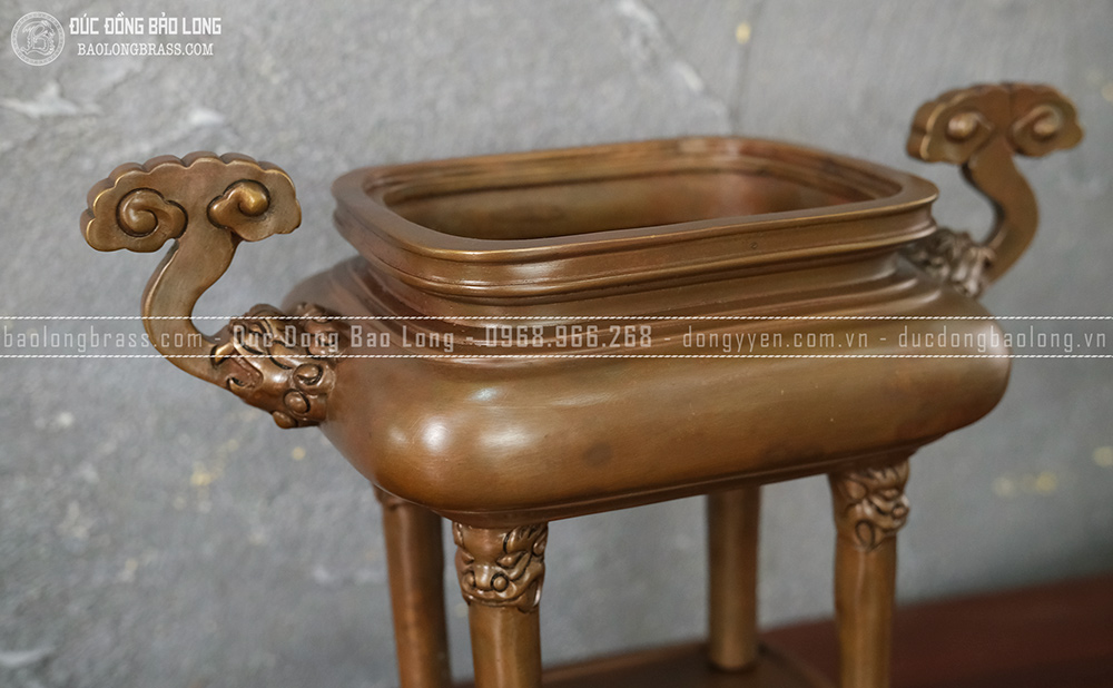 Lư Xông Trầm Chân Tượng Tai Mây Đồng Vàng Màu Nâu Trầm Cổ Cao 35Cm