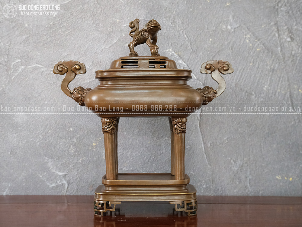 Lư Xông Trầm Chân Tượng Tai Mây Đồng Vàng Màu Nâu Trầm Cổ Cao 35Cm