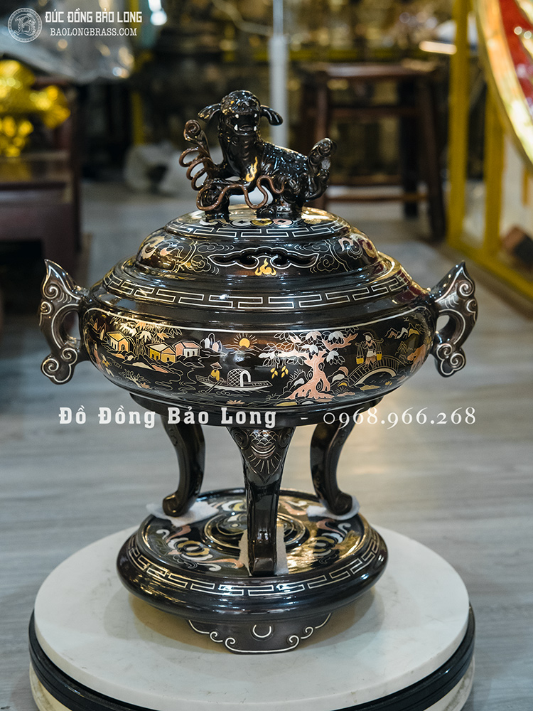 Lư xông trầm bằng đồng khảm ngũ sắc cao cấp cao 42cm