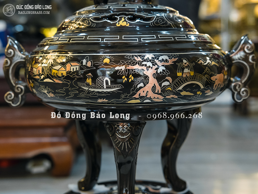 Lư xông trầm bằng đồng khảm ngũ sắc cao cấp cao 42cm