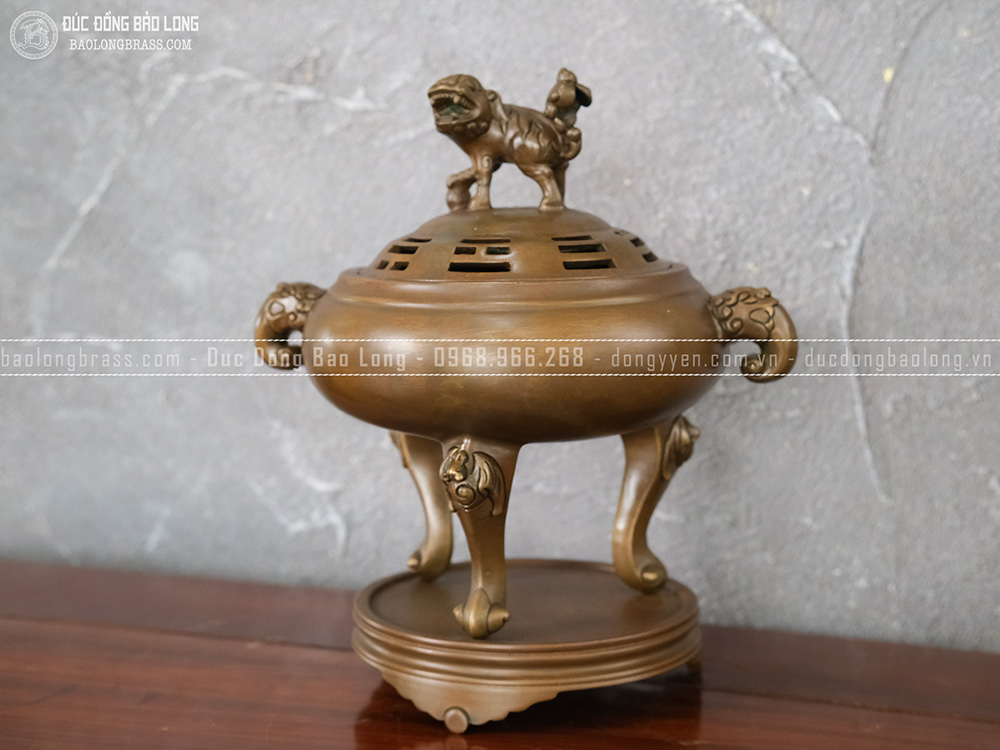 Lư Xông Trầm Chân Dơi đồng vàng màu nâu cổ cao 27cm