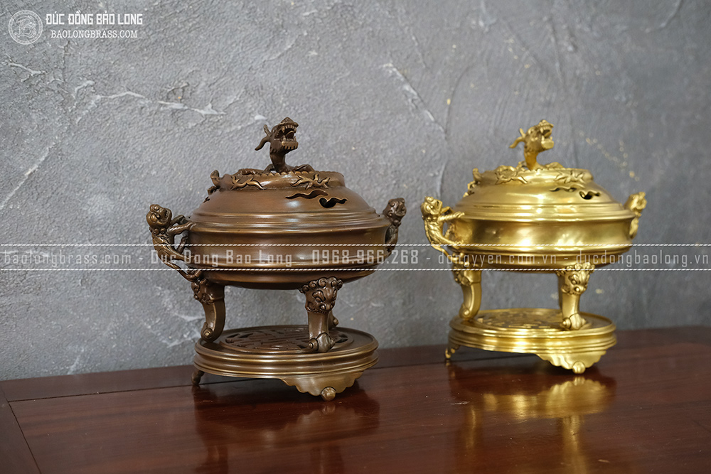 Lư Xông Trầm Nắp Rồng đồng vàng cao 30cm