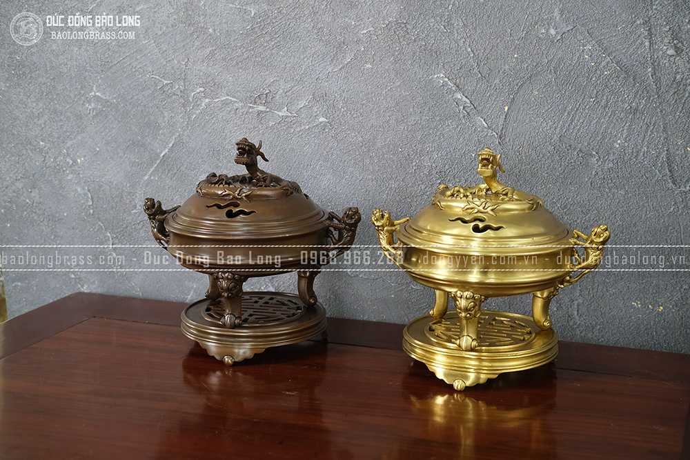 Lư Xông Trầm Nắp Rồng đồng vàng cao 30cm