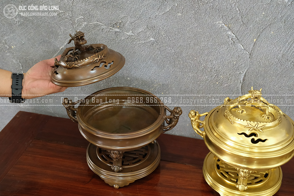 Lư Xông Trầm Nắp Rồng đồng vàng cao 30cm 