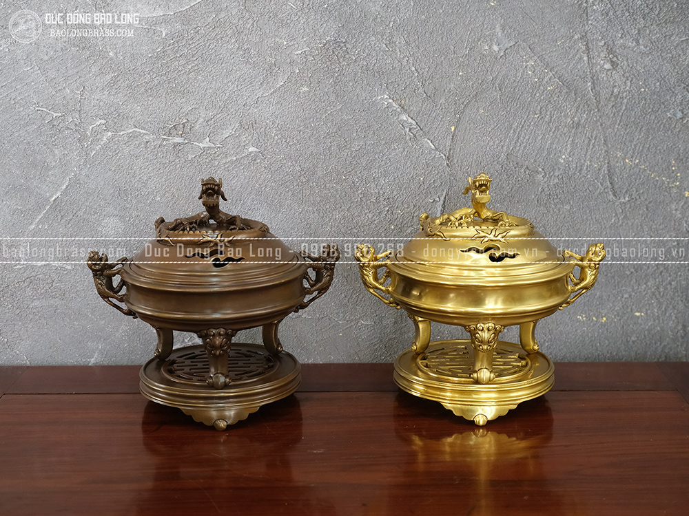 Lư Xông Trầm Nắp Rồng đồng vàng cao 30cm