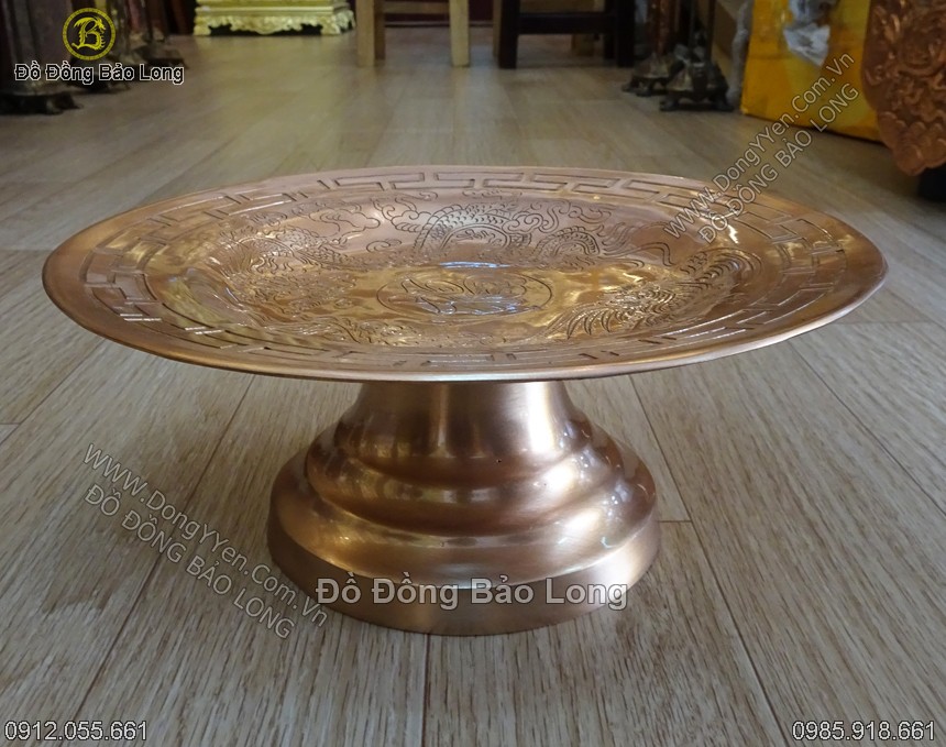 mâm bồng đồng đỏ ám rồng phượng 25cm