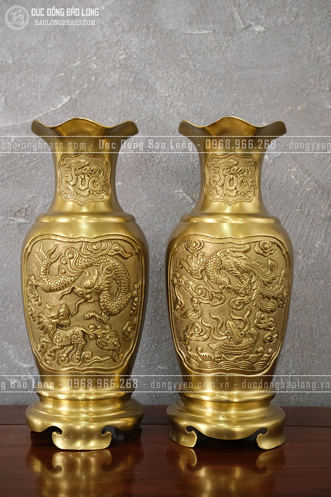Đôi Lọ Hoa Tứ Linh miệng bèo bằng đồng vàng cao 38cm