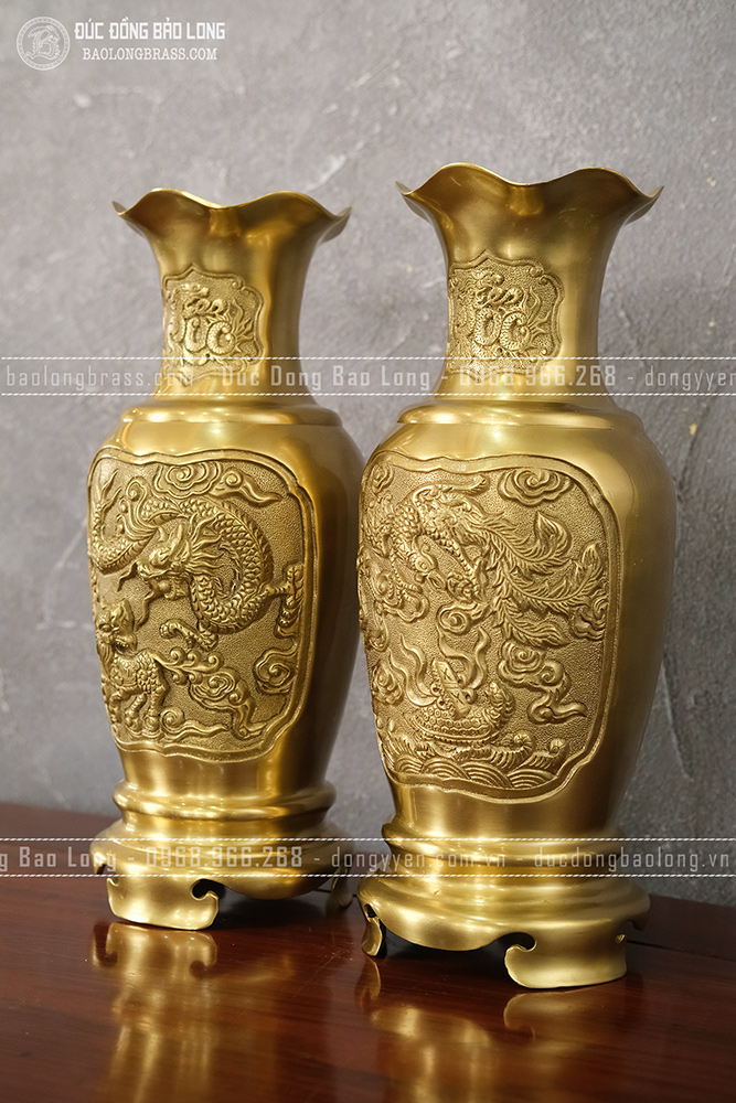 Đôi Lọ Hoa Tứ Linh miệng bèo bằng đồng vàng cao 38cm