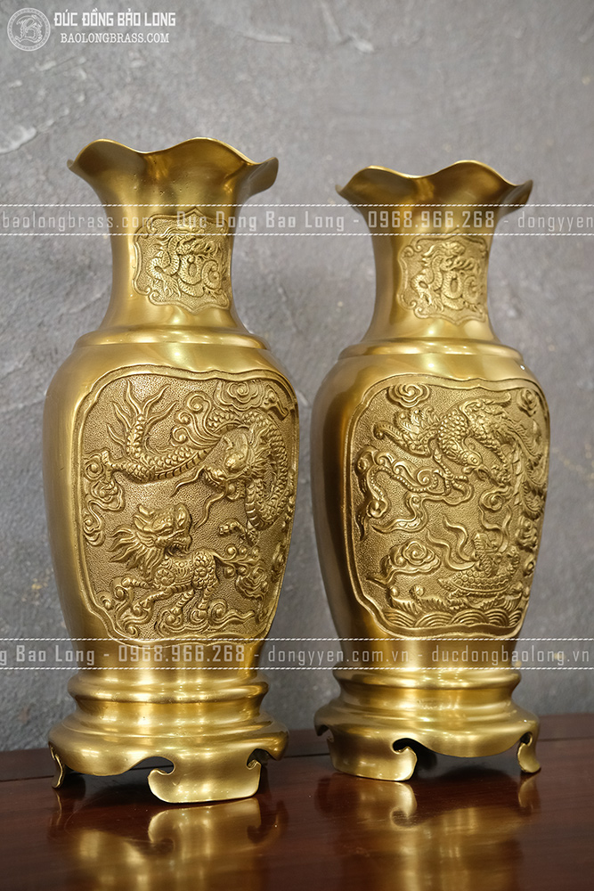 Đôi Lọ Hoa Tứ Linh miệng bèo bằng đồng vàng cao 38cm