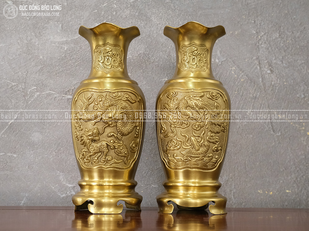 Đôi Lọ Hoa Tứ Linh miệng bèo bằng đồng vàng cao 38cm