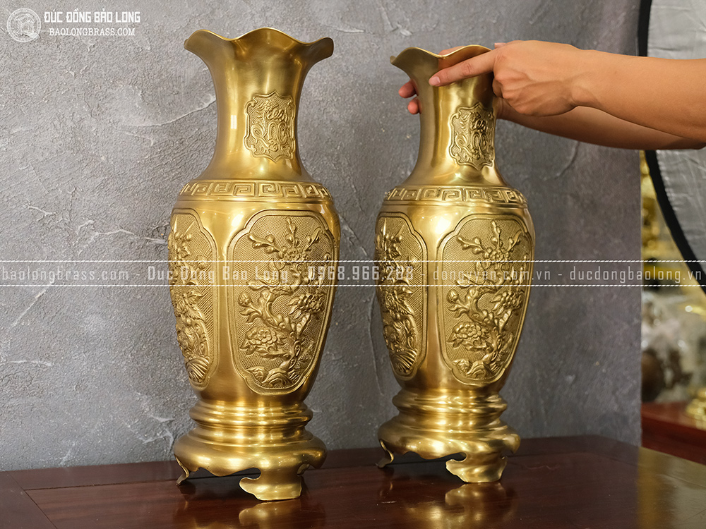 Đôi Lọ Hoa Tứ Quý bằng đồng vàng cao 50cm đẹp, giá rẻ