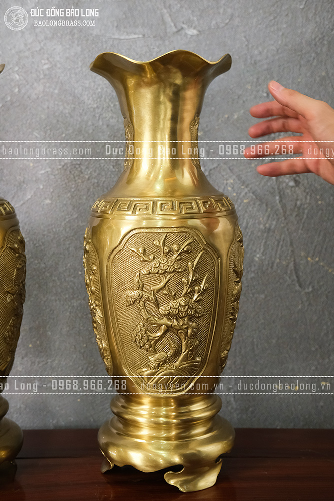Đôi Lọ Hoa Tứ Quý bằng đồng vàng cao 50cm đẹp, giá rẻ