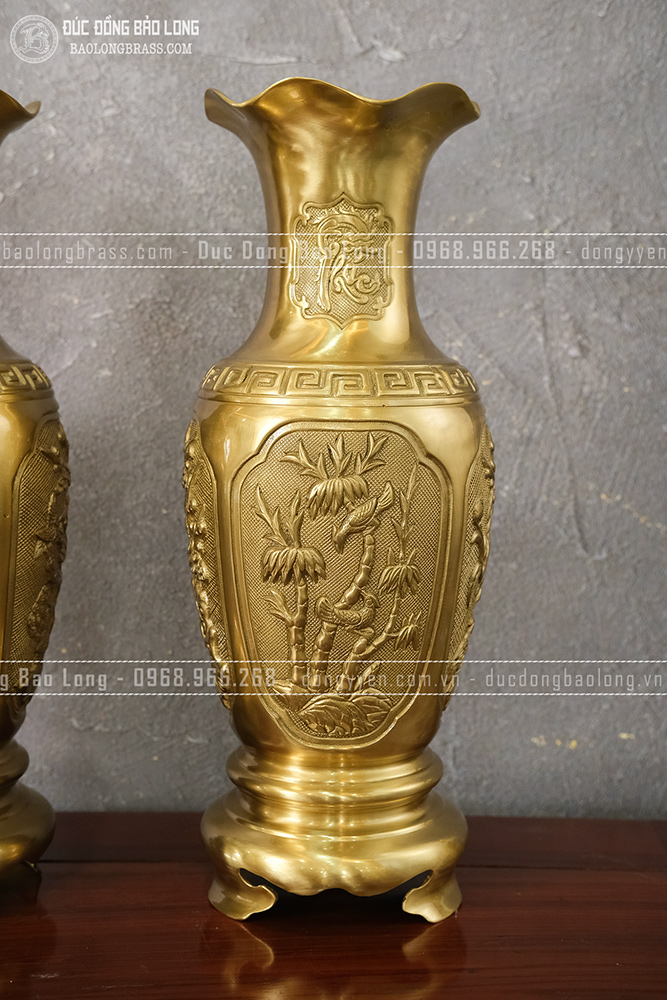 Đôi Lọ Hoa Tứ Quý bằng đồng vàng cao 50cm đẹp, giá rẻ