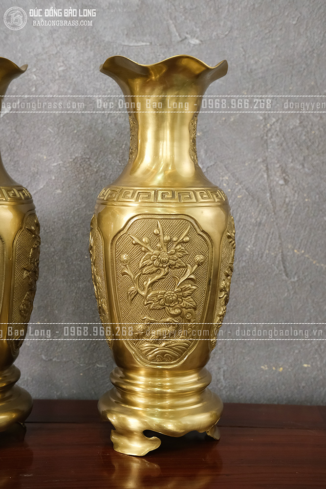 Đôi Lọ Hoa Tứ Quý bằng đồng vàng cao 50cm đẹp, giá rẻ