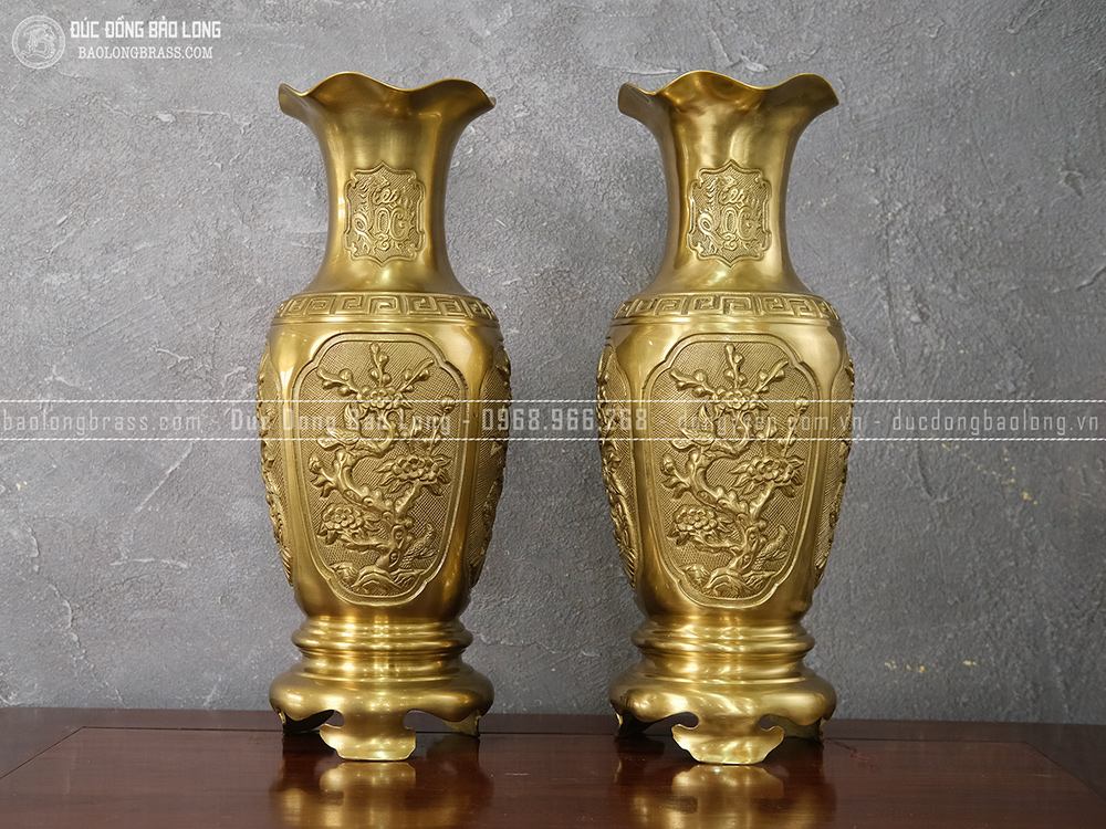 Đôi Lọ Hoa Tứ Quý bằng đồng vàng cao 50cm đẹp, giá rẻ