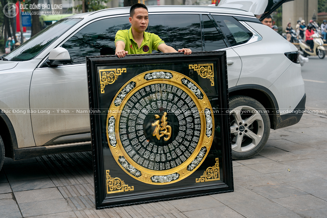 Tranh Mâm Đồng Bách Phúc Dát Vàng Bạc 9999 Khung Gỗ Gụ Khổ 1m27