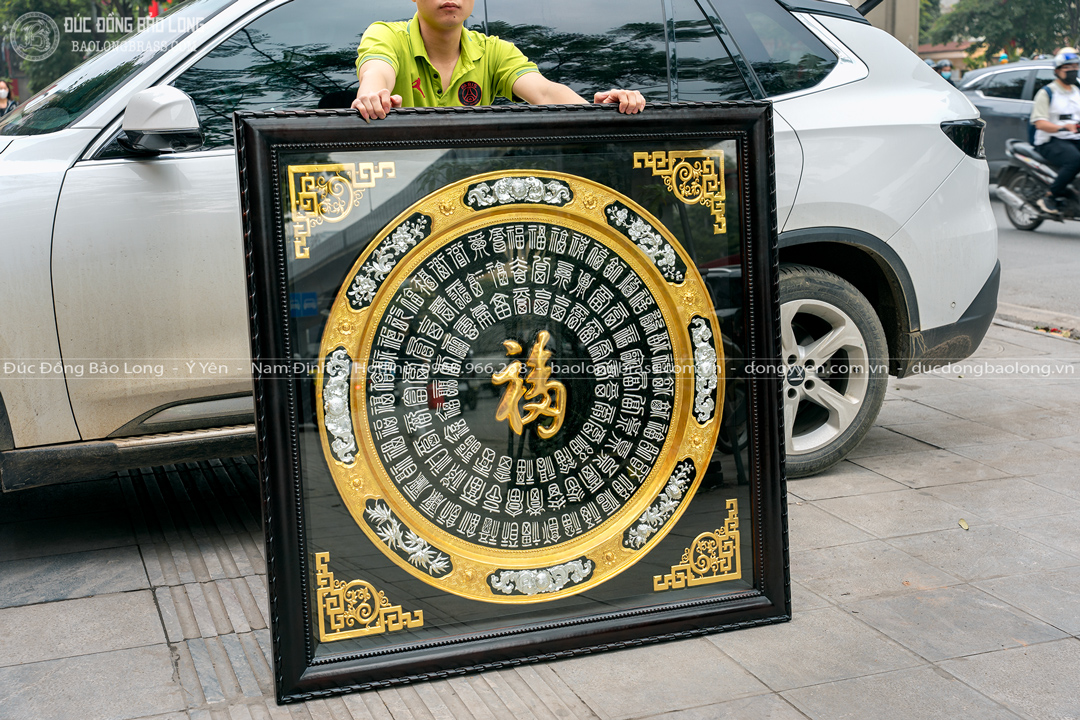 Tranh Mâm Đồng Bách Phúc Dát Vàng Bạc 9999 Khung Gỗ Gụ Khổ 1m27