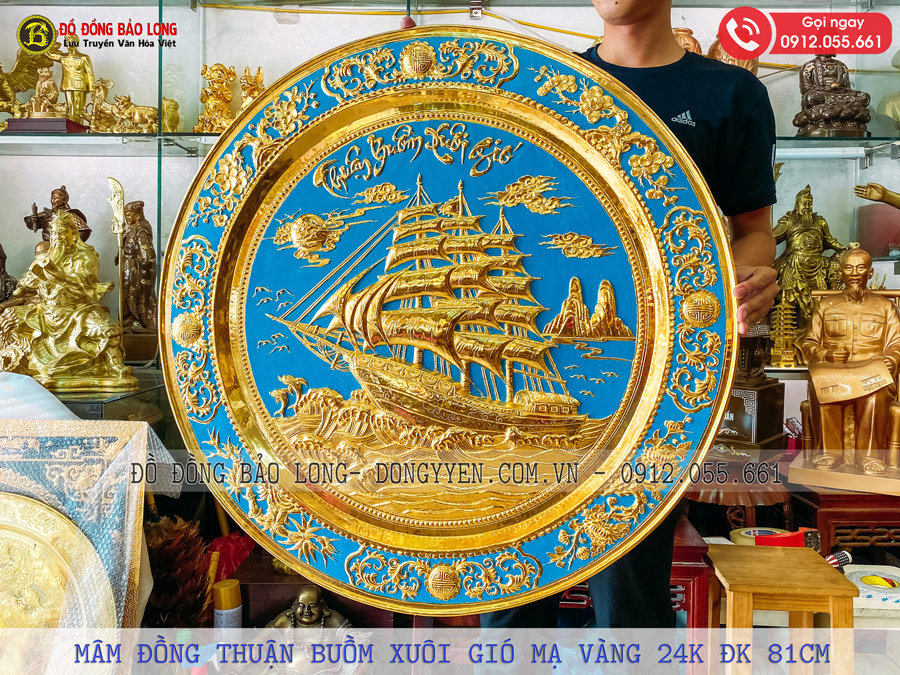 mâm đồng thuận buồm xuôi gió mạ vàng 24k 81cm