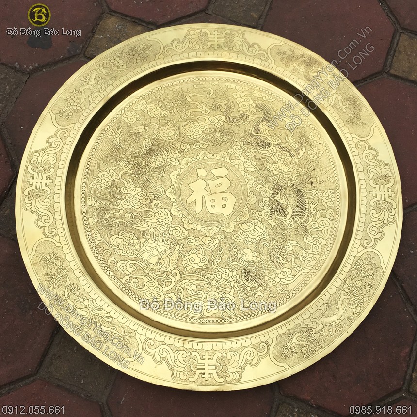 mâm đồng chạm tứ linh chữ phsuc 60cm