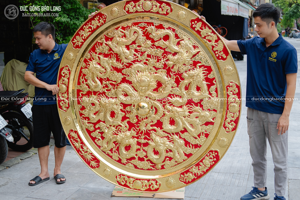 Tranh Mâm Đồng Cửu Long Quần Tranh Châu Bằng Đồng Vàng ĐK 1m88